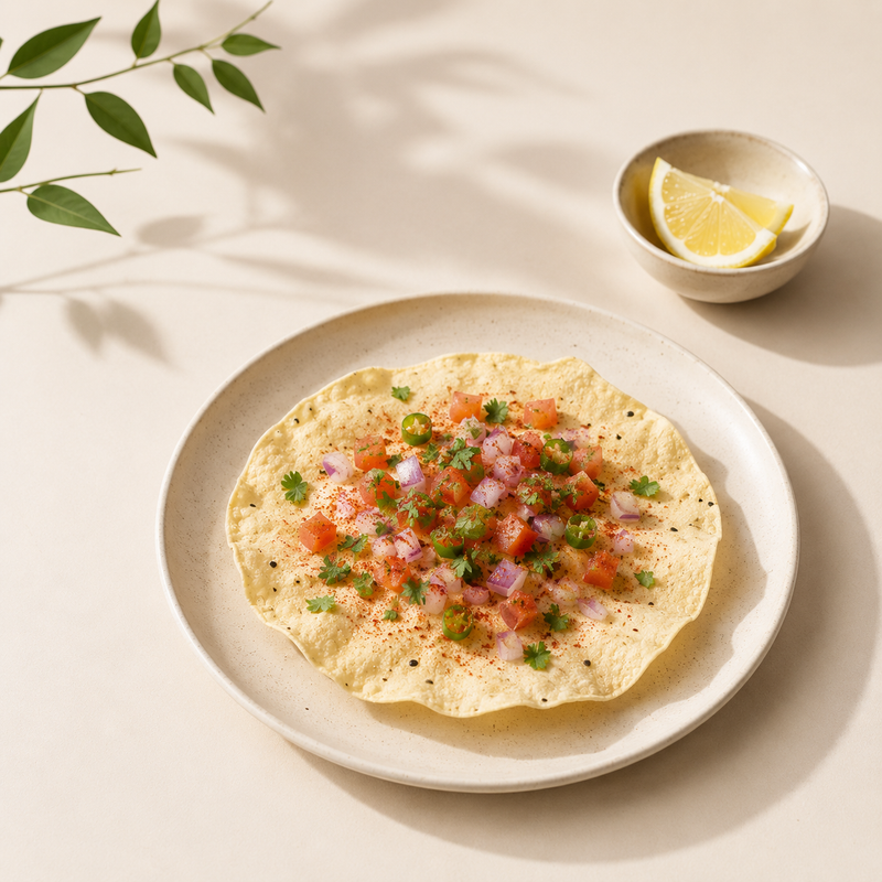 Masala pappad topped with onion and tomato