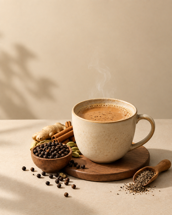Masala chai in a glass with whole spices alongside