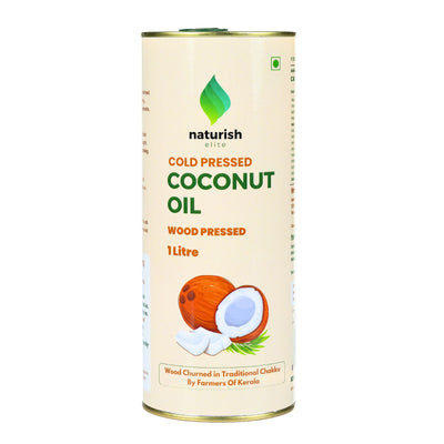 Naturish Elite 1‑litre cold pressed, wood‑pressed coconut oil tin with illustrated coconuts on a clean white background.