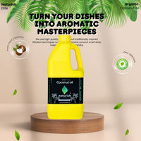 Naturish Elite 2‑litre yellow coconut oil can on a wooden pedestal with tropical leaves and the headline “Turn your dishes into aromatic masterpieces.