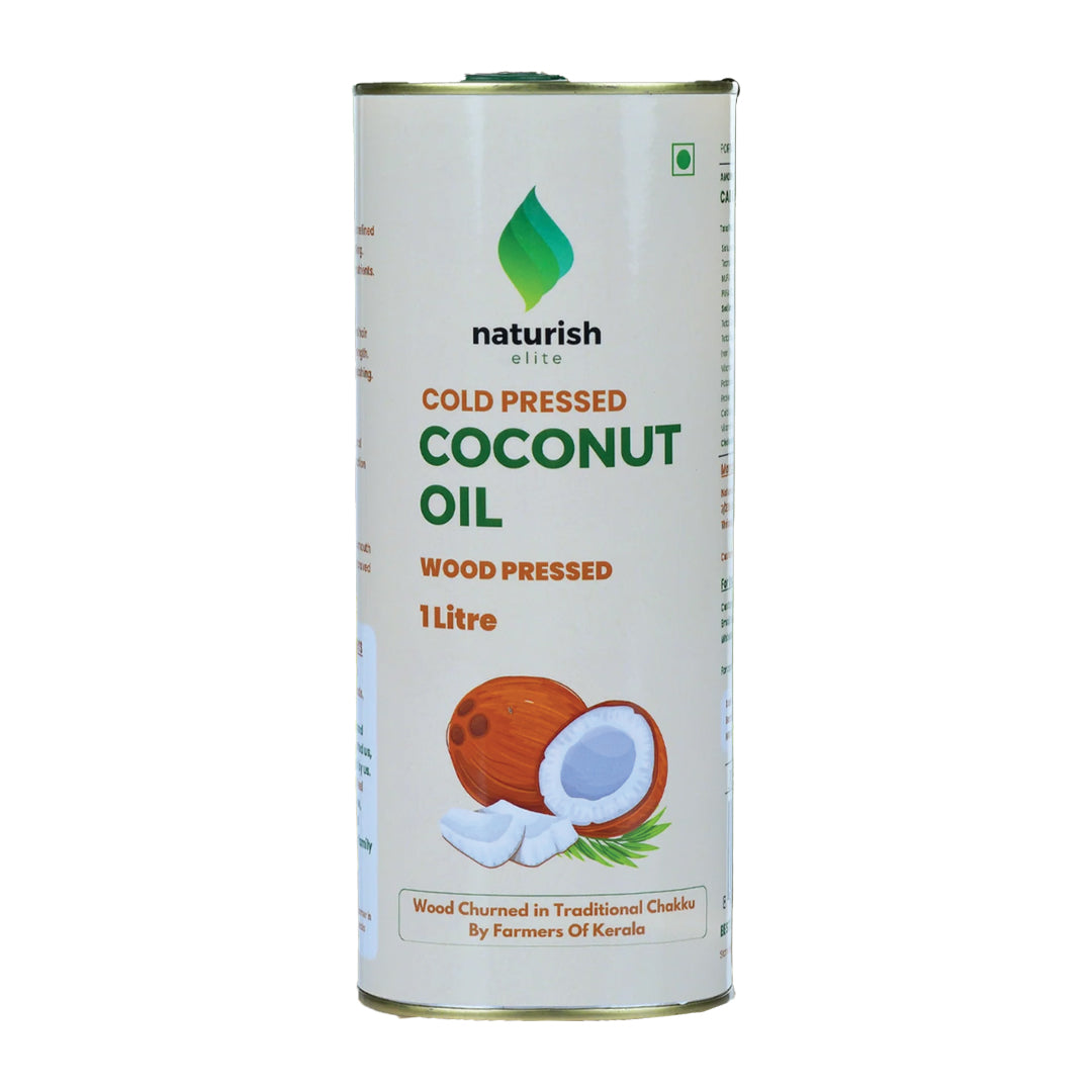 Naturish Elite 1‑litre cold pressed, wood‑pressed coconut oil tin with illustrated coconuts on a clean white background.