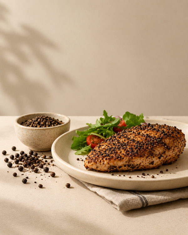 Coarse cracked pepper crust on grilled meat