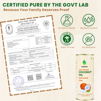Naturish Elite cold pressed coconut oil tin next to government lab test report and icons showing no heavy metals, moisture control, palm oil free and no aflatoxins.