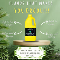 Bright yellow Naturish coconut oil can on round pedestal against green wall, with text showing ways to use the oil for salads, curries and frying.