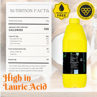 Nutrition facts panel and health badges beside a yellow Naturish coconut oil bottle, highlighting trans‑fat‑free, cholesterol‑free and high lauric acid.