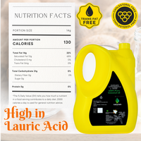 Yellow Naturish coconut oil can beside nutrition facts panel, highlighted as trans‑fat and cholesterol‑free and high in lauric acid.