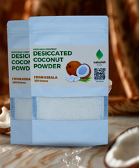 High milk content Naturish desiccated coconut powder 100g pouches from Kerala displayed on table with coconut pieces