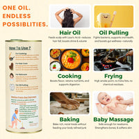 Infographic titled ‘One oil. Endless possibilities.’ showing Naturish coconut oil tin with uses as hair oil, oil pulling, cooking, frying, baking and baby massage