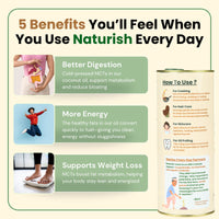Infographic titled ‘5 Benefits You’ll Feel When You Use Naturish Every Day’ showing better digestion, more energy, weight loss support and a Naturish coconut oil tin with usage tips