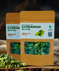 Naturish Elite cardamom elaichi 50g kraft stand-up pouch with whole green cardamom pods visible through the front window.