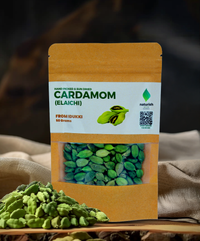 Naturish Elite cardamom elaichi 50g kraft pouch with whole green cardamom pods visible through the front window