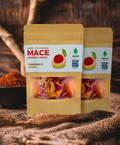 Naturish Elite mace nutmeg flower 20g kraft pouches with dried mace strands visible in front pack.