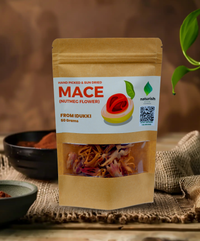 Naturish Elite mace nutmeg flower 50g stand-up pouch with visible dried mace strands in a kraft paper pack.