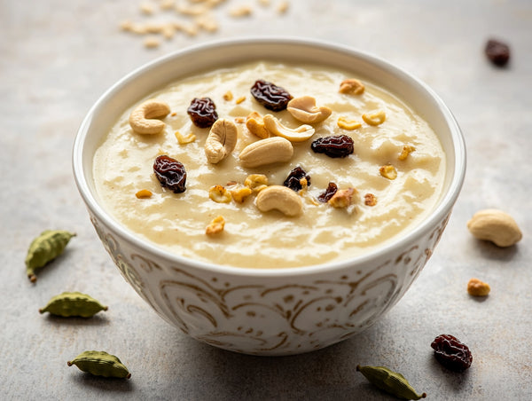 Kerala payasam in a bowl with cardamom and cashew