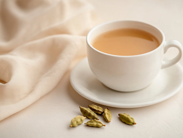 Kerala tea in a glass with cardamom pods alongside